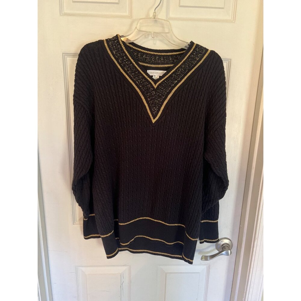 Vintage 90's Preston & York Black And Gold Long Sleeve Knit V-Neck Sweater Med - Picture 1 of 9